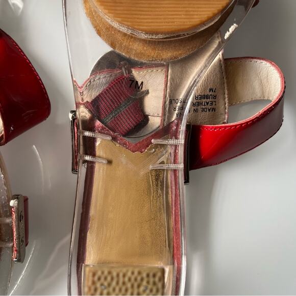 Michael Kors• Red Leather Sandals Platform Heels Silver Buckled Clear Heel - Picture 13 of 13